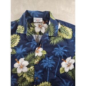 Pacific Legend Hawaiian Shirt Men L Blue Floral Palm Tree Pocket Made Hawaii USA